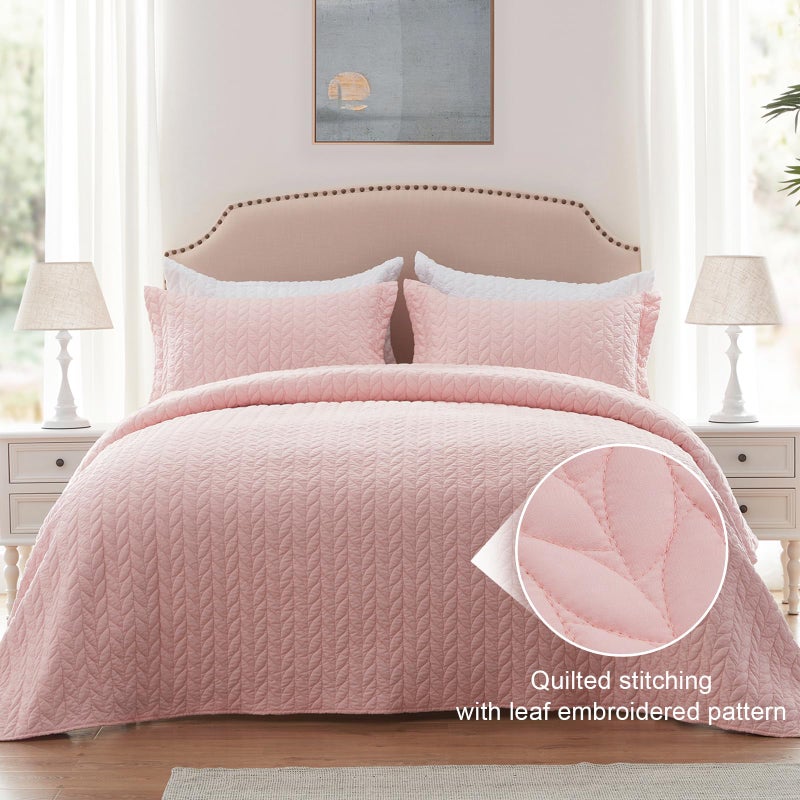 SunStyle Home King Quilt Bedding Set Pink, Lightweight Comforter Bedspread Blanket King Size Quilt, Durable Quilted Stitching Coverlet with 2 Pillow Shams Leaf Embroidered Pattern All Seasons 3pcs - Image 2